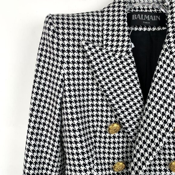 Balmain Womens Houndstooth Double-Breasted Blazer With Gold Buttons - Picture 3 of 7